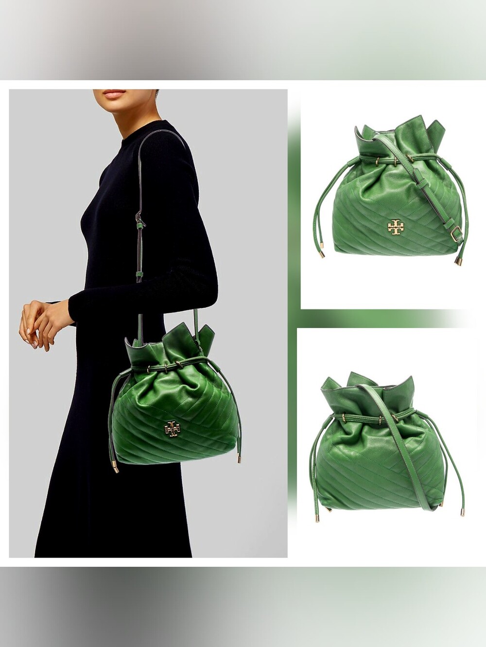 Tory Burch Green Quilted Leather Drawstring Shoulder Bag